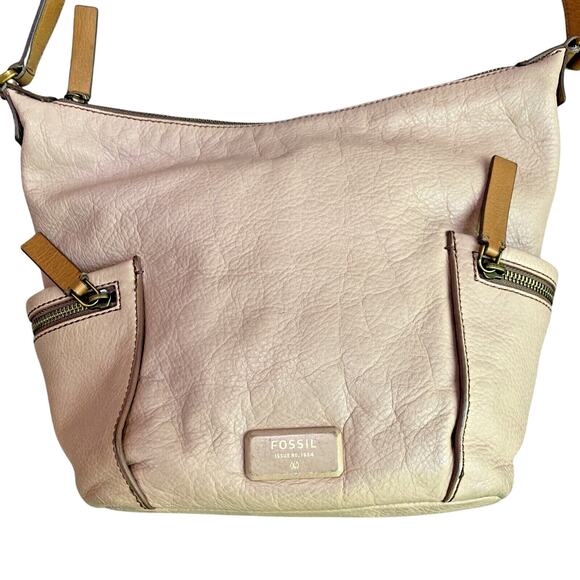 FOSSIL EMERSON Purse Blush Rose & Tan Leather Crossbody Bag Zips Pockets Boho - Picture 2 of 10